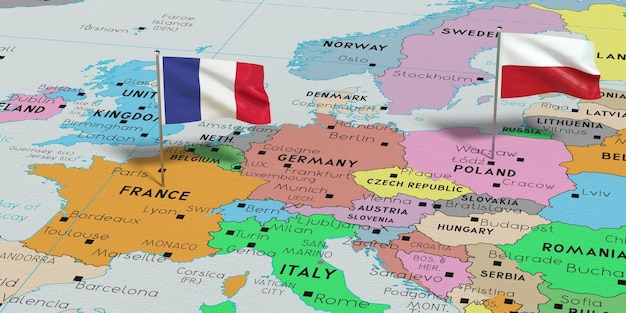 Francja i Polska przypinają flagi na mapie politycznej ilustracji 3D