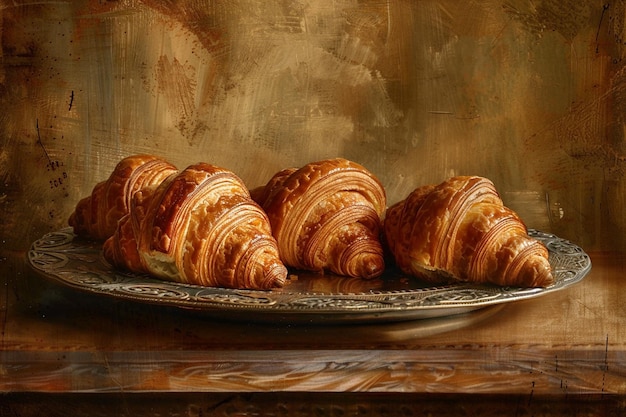 Francuska piekarnia cieszy się croissantami na starożytnym drewnianym talerzu