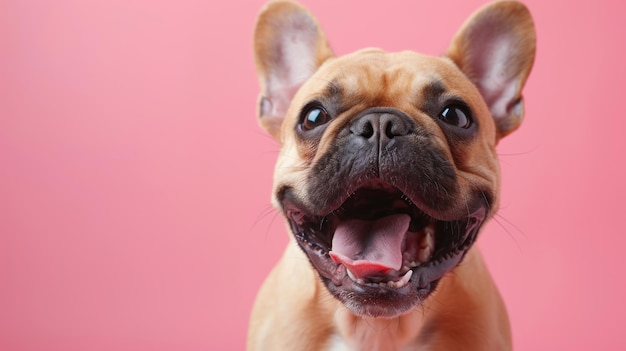 Francuski buldog, wściekły pies pokazujący zęby, oświetlenie studia, pastelowe tło