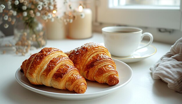 Zdjęcie francuski croissant na białym stole z cappuccino we francuskim hotelu croissant jest łuszczący się i masłowy