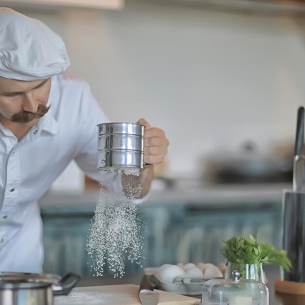 francuski szef kuchni w kuchni przygotowujący jedzenie, gotujący, haute cuisine, mężczyzna z wąsami