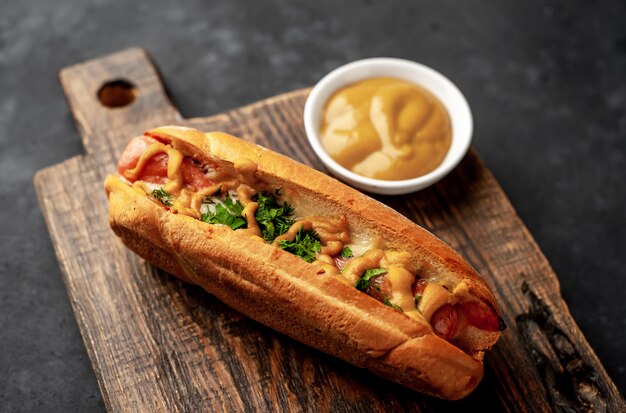 francuskie hot dogi zapiekane z serem i musztardą na kamiennym tle