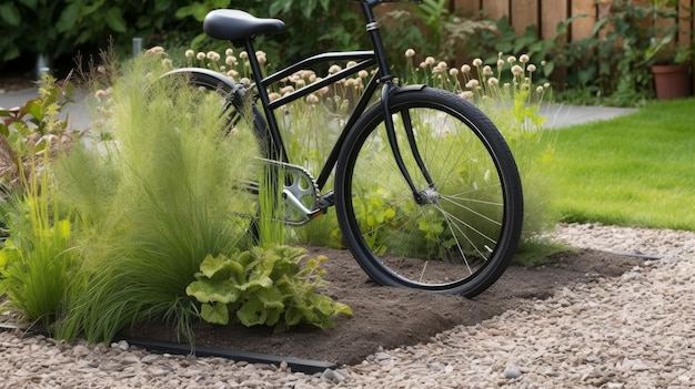 Frędzle trawy i nowoczesny czarny stojak rowerowy obok niewymagających konserwacji resztek ogrodu wygenerowanych przez sztuczną inteligencję