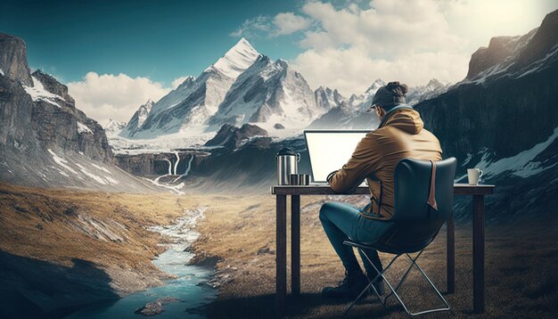 Freelancer siedzi przy stole i pracuje z laptopem piękny odkryty krajobraz przyrody z górami