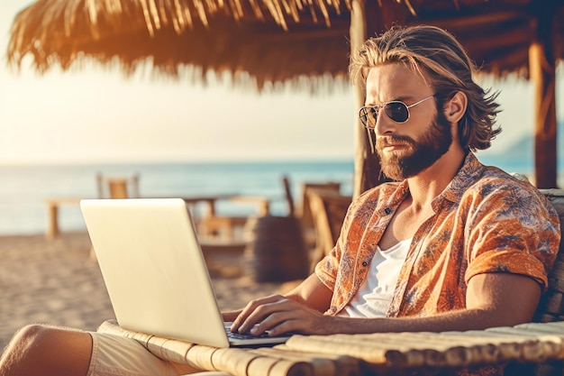 Freelancer z laptopem na plaży