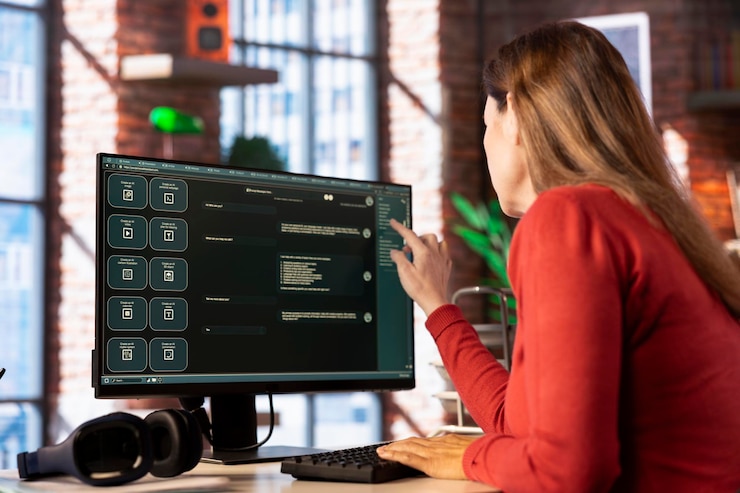 Zdjęcie freelancerka wykorzystująca oprogramowanie oparte na sztucznej inteligencji w celu poprawy produktywności