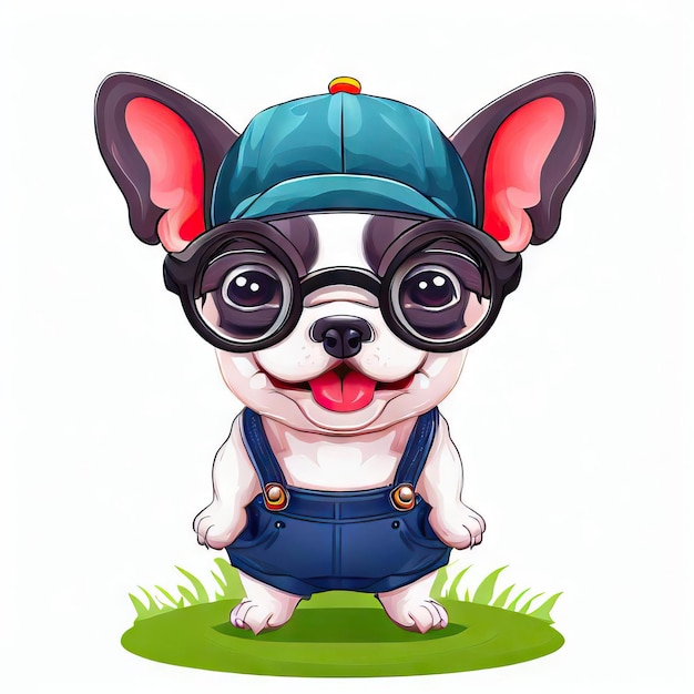 French Bulldog Finesse Baby Pup w kapeluszu i okularach Generatywna sztuczna inteligencja