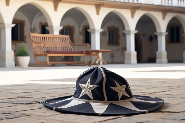 Zdjęcie french musketeer hat mockup in chateau courtyard