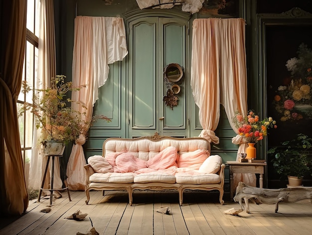 French_vintage_decor_living_room_original_wood_greenery