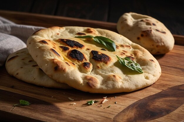 Zdjęcie freshly baked naan bread on a wooden board