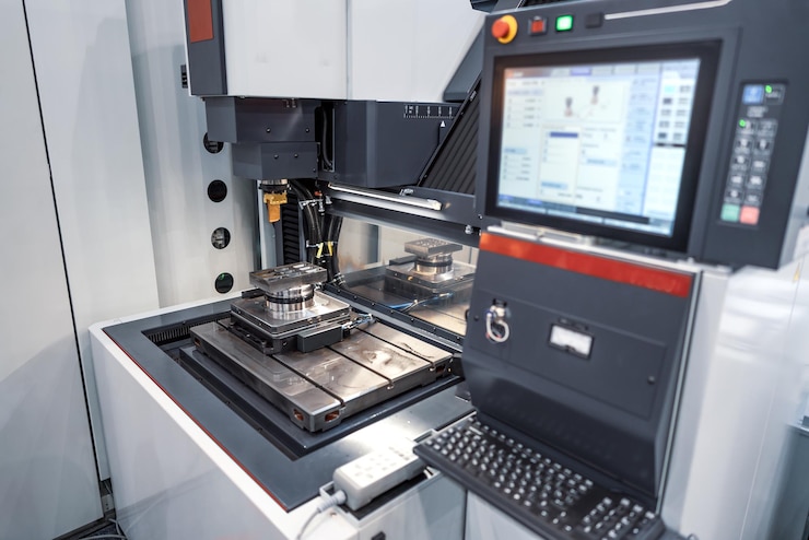 Zdjęcie frezarka cnc do obróbki metali. nowoczesna technologia obróbki metalu. mała głębia ostrości. uwaga - autentyczne strzelanie w trudnych warunkach. trochę ziarnisty i może zamazany.