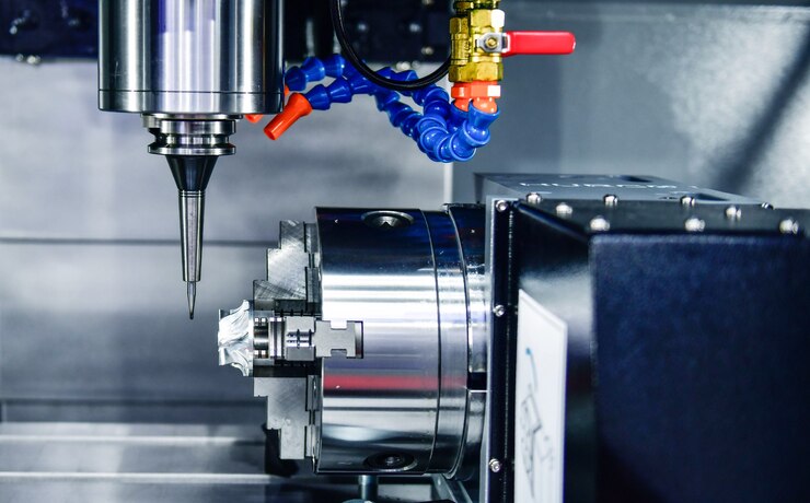 Zdjęcie frezarki cnc z osią do konfiguracji projektu, które wykorzystują stół maszyny z obrotową głowicą i równo z powierzchnią do obróbki metali przemysłowych