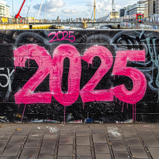 Zdjęcie front view street art różowy graffiti tag słowa 2025 spray namalowany na czarnej ścianie czarny ciemny street art