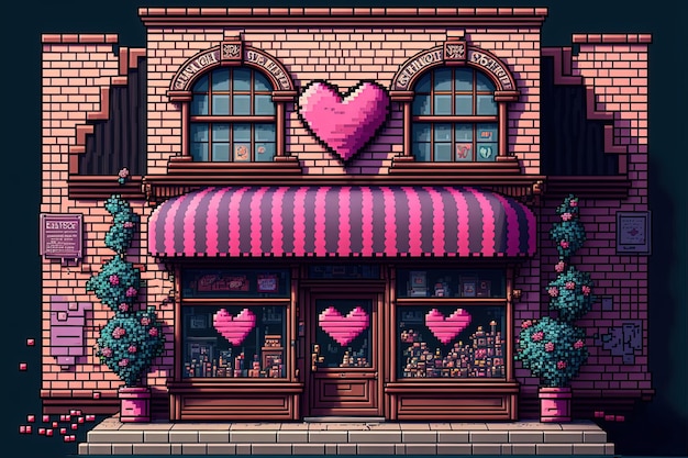 Frontowa fasada sklepu Pixel Art z tłem wystroju walentynkowego w stylu retro dla 8-bitowej gry AI