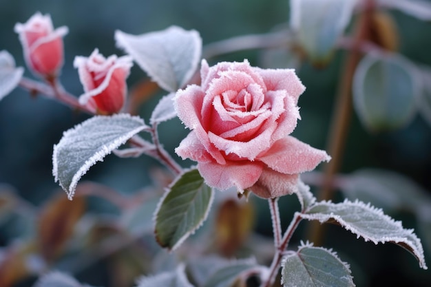 Frostkissed liście róży w ogrodzie zimowym stworzonym z generatywnego ai