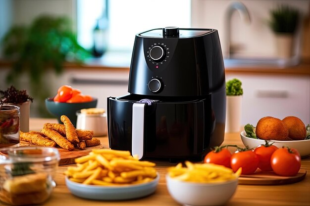 Fryterka powietrzna w kolorze czarnym lub maszyna do smażenia bez oleju umieszczona na drewnianym stole w współczesnej kuchni z talerzami smażonych ziemniaków i pomidorów Generatywna sztuczna inteligencja