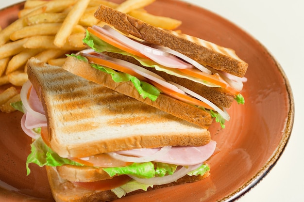 Zdjęcie frytki i dwie kanapki z serem, kiełbasą i liśćmi sałaty w płycie grunge.