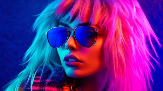 Zdjęcie fryzura w różowym i niebieskim neonze luksusowa moda uroczo ubrana modelka modne okulary przeciwsłoneczne generacyjna sztuczna inteligencja i imprezowa atmosfera