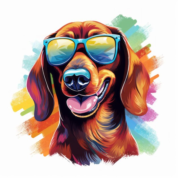 Funky Dachshund Delight Wibrująca grafika wektorowa uśmiechniętego psa Wiener w okularach przeciwsłonecznych