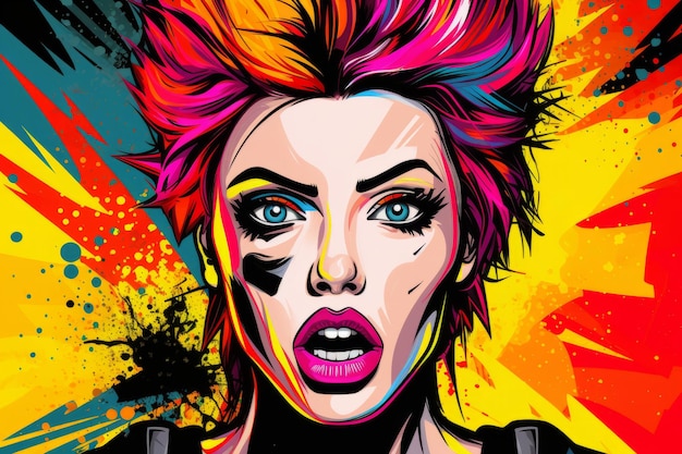 Funky punk kobieta z odważnymi ustami na kolorowym pop art tle stworzonym za pomocą Generative AI