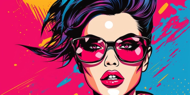 Funky punk kobieta z odważnymi ustami na kolorowym pop art tle stworzonym za pomocą Generative AI