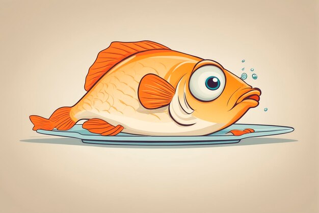 Zdjęcie funny cartoon fish flops onto a plate with a worried look generative ai