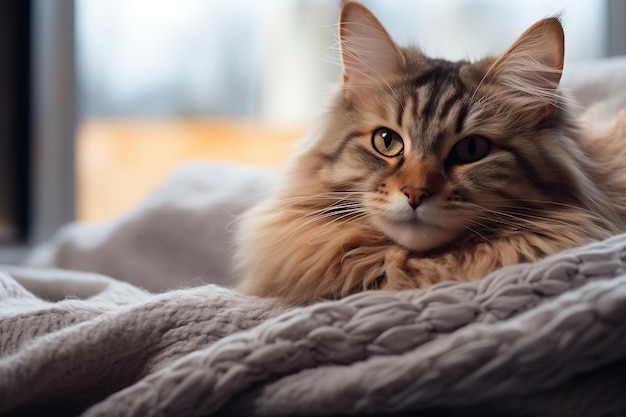 Furry Feline Companion na wygodnym łóżku Generative Ai