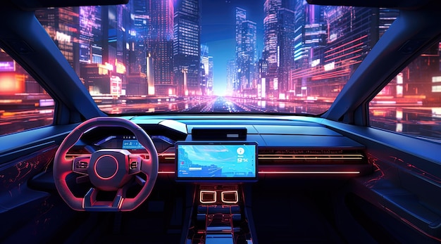 Furutystyczna deska rozdzielcza samochodu w neonowym mieścieSynthwave lub cyberpunkowy panel sterowania samochodem