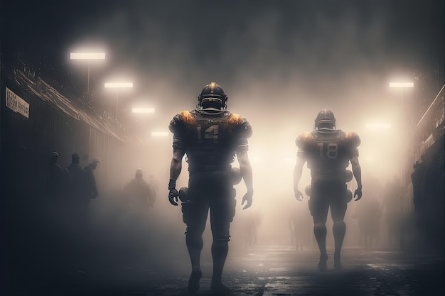 Futboliści amerykańscy wchodzący na boisko z mgłą Generative Ai