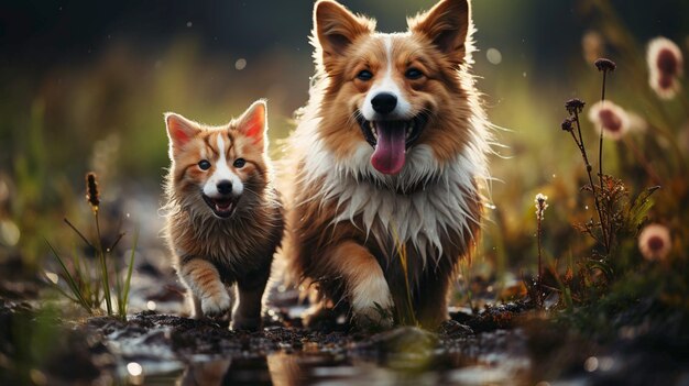 futrzani przyjaciele czerwony kot i pies corgi spacerujący po letniej łące pod kroplami ciepłego deszczu