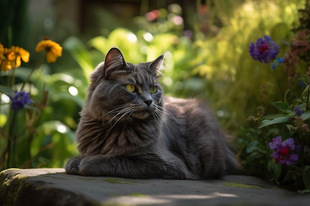 Futrzany kot odpoczywa w słonecznym ogrodzie otoczonym