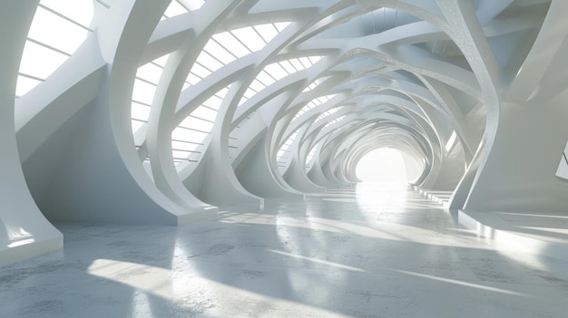 Futuristyczna architektura geometryczna abstrakcyjna 3D renderowanie błyszczącego białego wejścia do tunelu