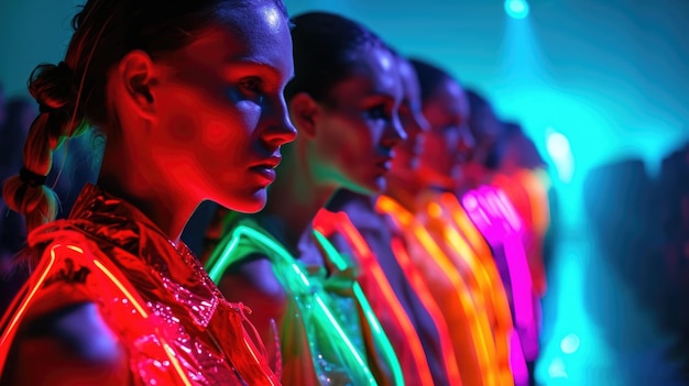 Futuristyczna atmosfera emanuje z neonowego pasa mody, gdy modele noszą wysokiej technologii odzież neonową