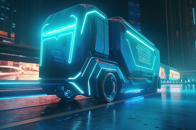 Futuristyczna autonomiczna ciężarówka z neonowym oświetleniem wzdłuż nadwozia ciężarówki cyberpunk generative ai