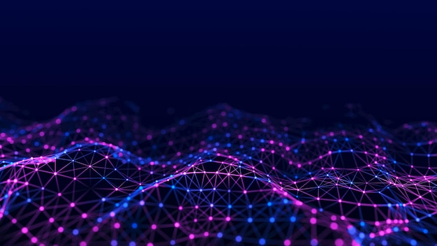 Futuristyczna fala technologiczna Cyfrowa cyberprzestrzeń Abstrakcyjna fala z poruszającymi się cząstkami na tle