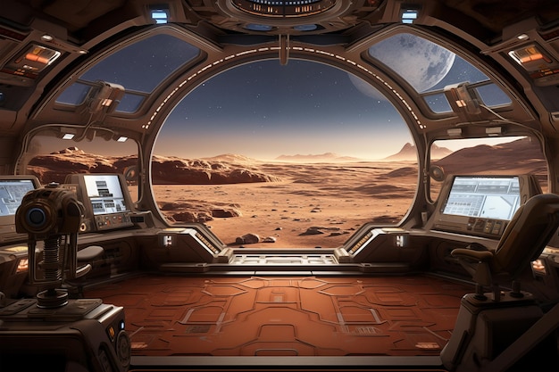 Futuristyczna kabina statku kosmicznego z widokiem na powierzchnię Marsa Kolonizacja w kosmosie Generatywna sztuczna inteligencja
