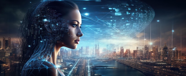 Futuristyczna kobieta cyborg łącząca ludzkie cechy z zaawansowaną technologią przeciwko miejskiej cyfrowej
