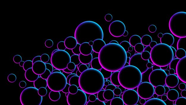 Zdjęcie futuristyczna przypadkowa latająca neon świecąca kręgi kulki lub pęcherzyki światłowa pływająca piłka neonowa