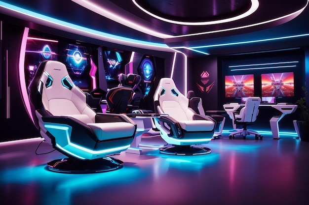 Zdjęcie futuristyczna sala gier, fascynujące połączenie eleganckiej nowoczesności, najnowocześniejszej technologii i wciągającej rozrywki.