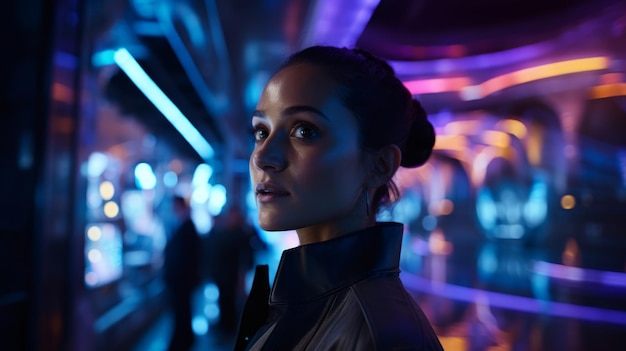 Futuristyczna scena w kinie sci-fi, neonowe światła przenoszące się do sfery filmowej.