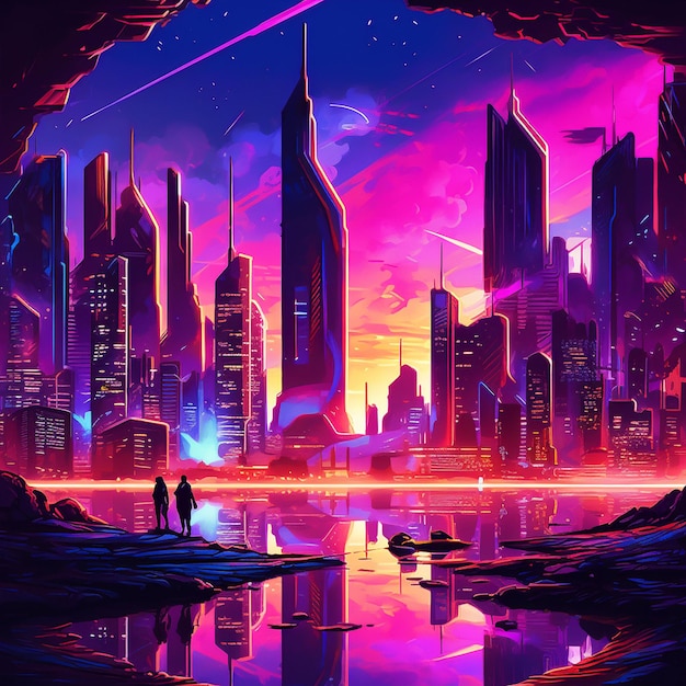 Futuristyczna skyline świeci w ciemnej nocy w Dubaju generowana przez sztuczną inteligencję