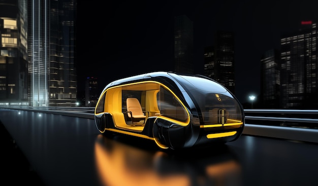 Futuristyczna taksówka pasażerska na miejskich ulicach w nocy Robotaxi z autopilotem Generatywna sztuczna inteligencja