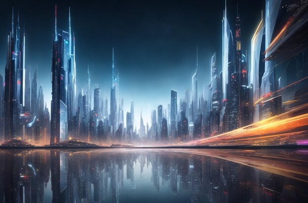 Futuristyczne cyberpunk miasto pełne neonowych świateł w nocy Retro przyszła ilustracja w stylu piksela