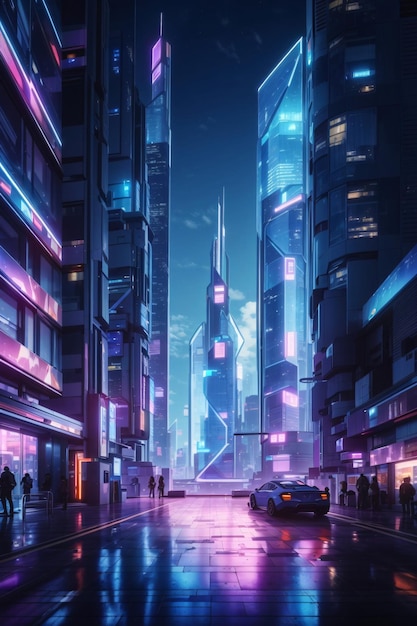 Futuristyczne cyberpunk nocne miasto neonowe światła metropolii neonowe nowoczesne miasto z wysokimi budynkami