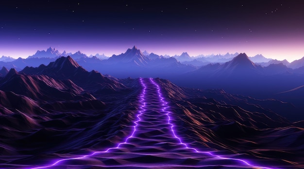 Futuristyczne fioletowe światło neonowe na tle krajobrazu zmieszane z retro w klasycznych kolorach