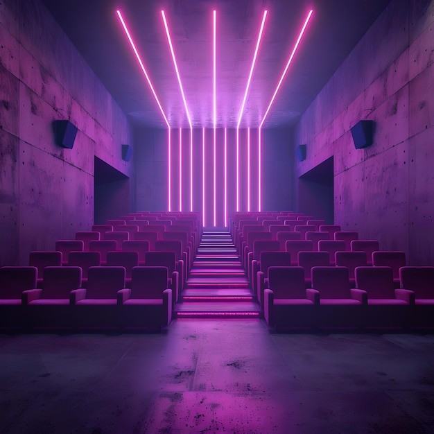 Futuristyczne kino z neonowymi światłami i nowoczesną estetyką projektową pusta sala kinowa z różowym i fioletowym blaskiem koncepcja współczesnego stylu wnętrza AI