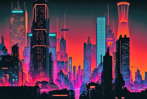 Futuristyczne miasto cyberpunk sztuka miejska nocna sceneria generatywna ai