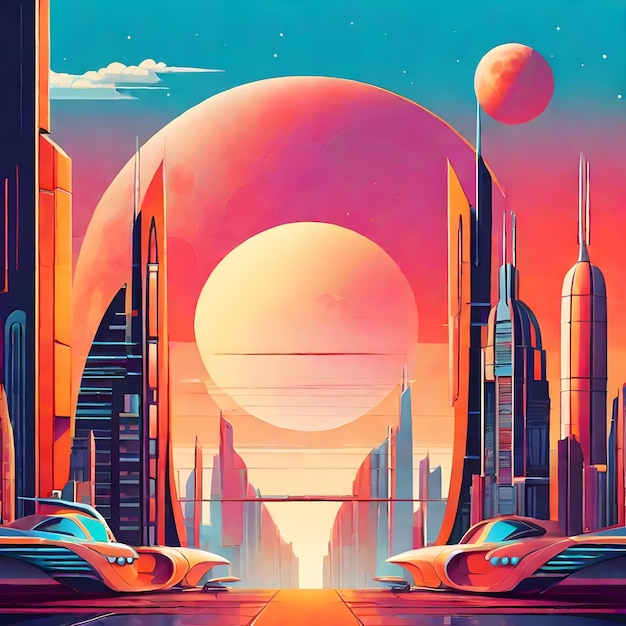 Futuristyczne miasto pod podwójnym księżycem lub słońcem ilustracja obrazu Stock image AI Generate Image