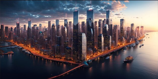 Futuristyczne miasto przyszłości Kreatywna koncepcja futurystycznego krajobrazu miejskiego drapacze chmur wieże wysokie budynki