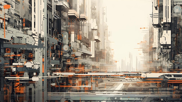 Futuristyczne miasto z abstrakcyjnymi kształtami rysowanymi jasno srebrnymi i pomarańczowymi